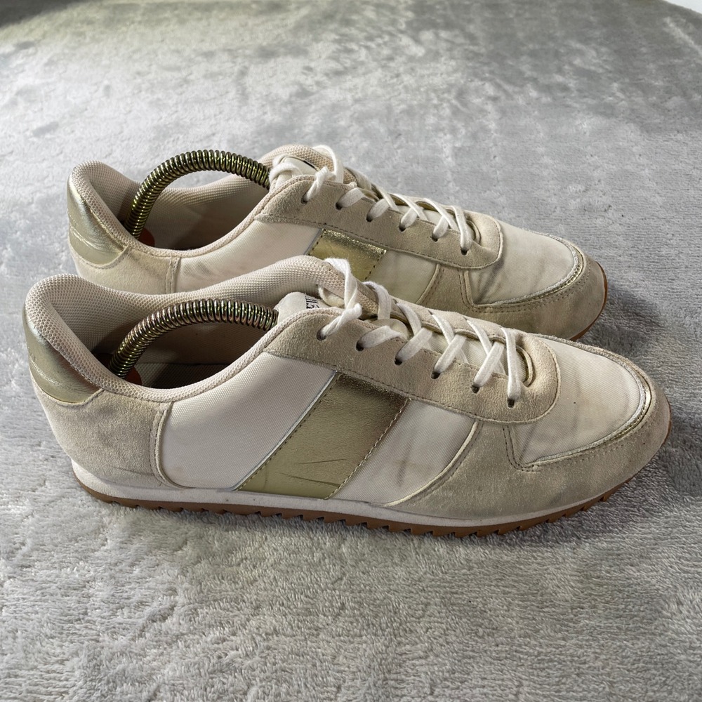 J Crew Trainers Sneakers Womens 9 Cream Gold Metallic Suede Leather Comfort